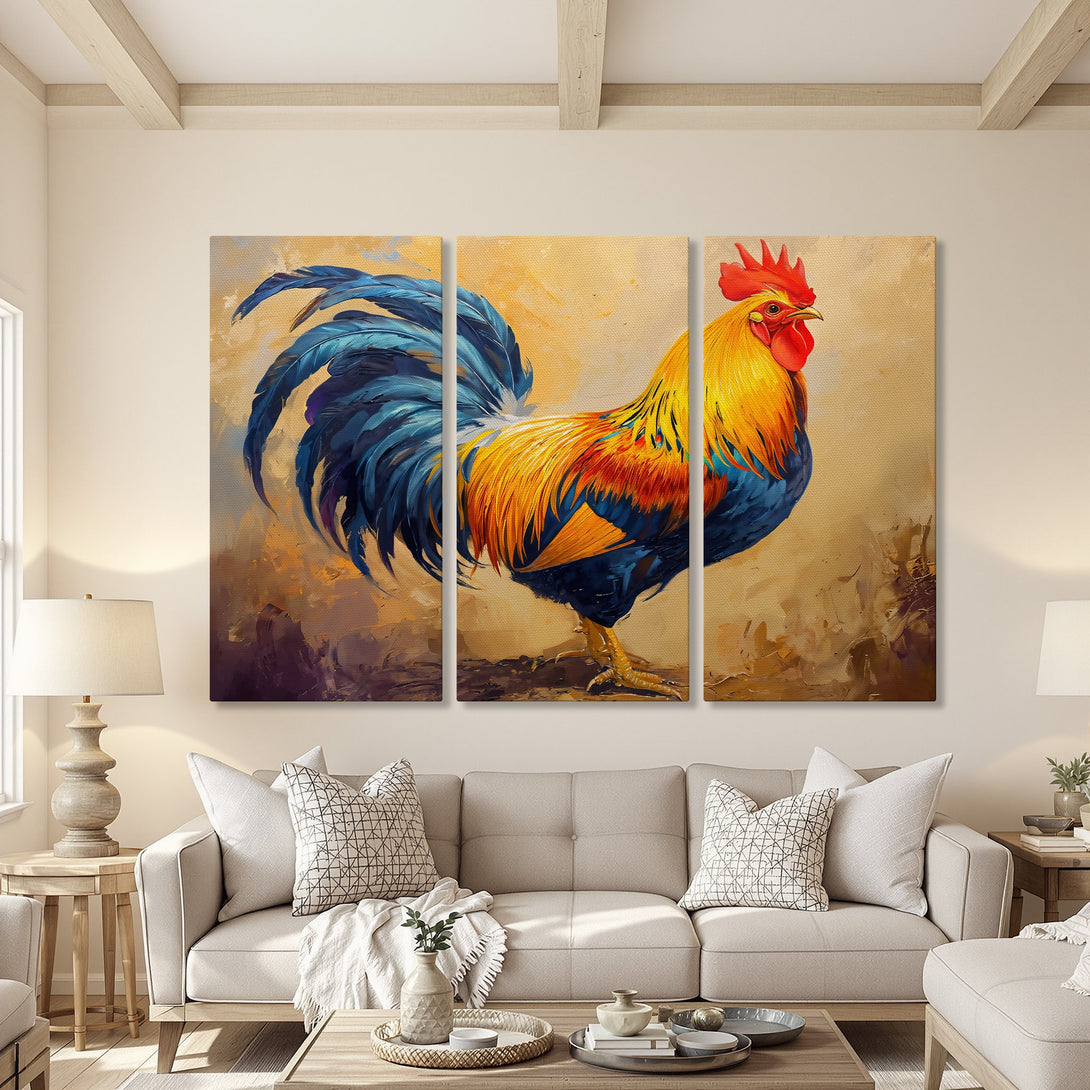 Vibrant Canvas Print of a rooster in warm yellow, orange, and blue tones. Adds a touch of farmhouse charm to any room!
