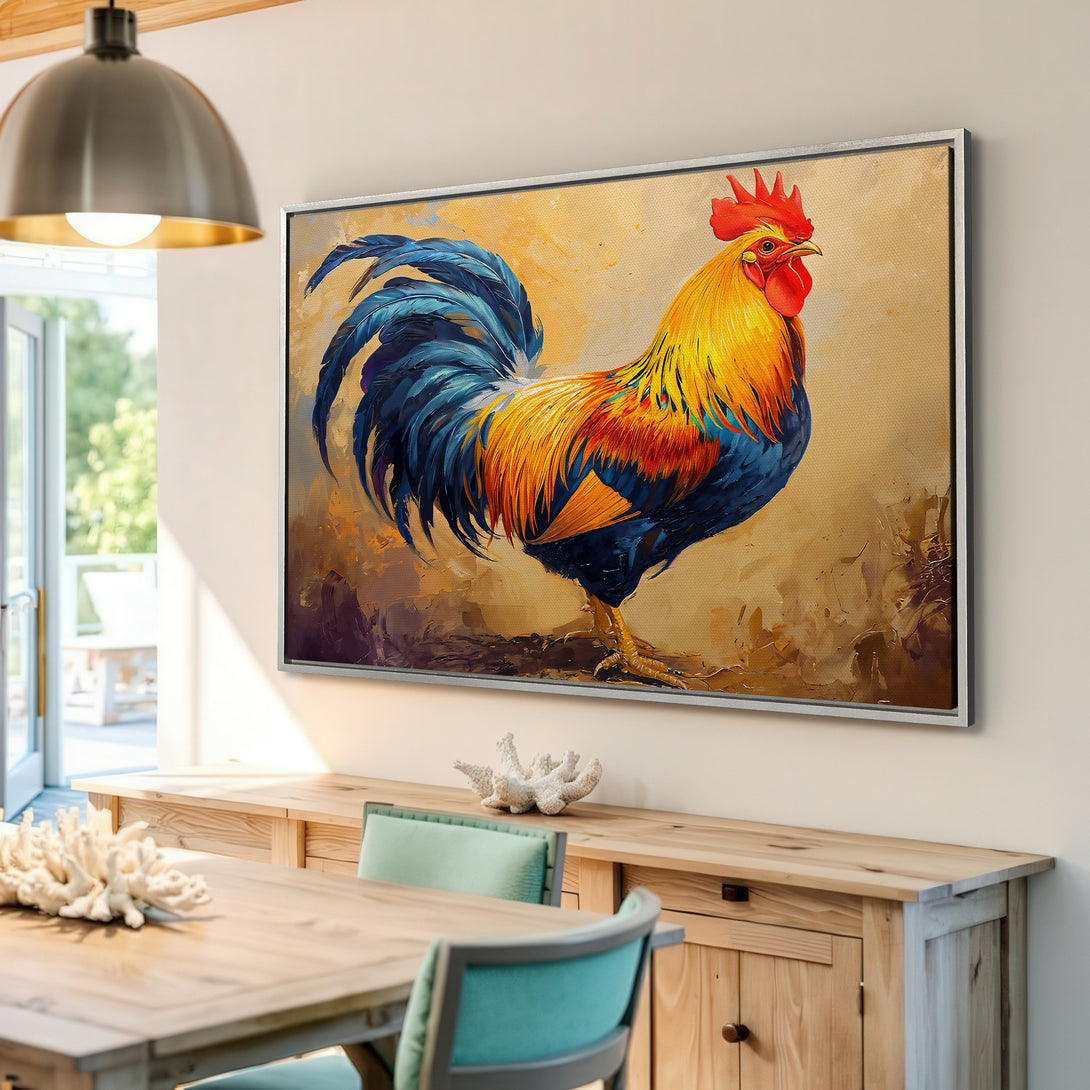 Framed Wall Art: Vibrant rooster painting with a warm, earthy color palette. Rustic style canvas print adds a touch of farmhouse charm to your home decor.