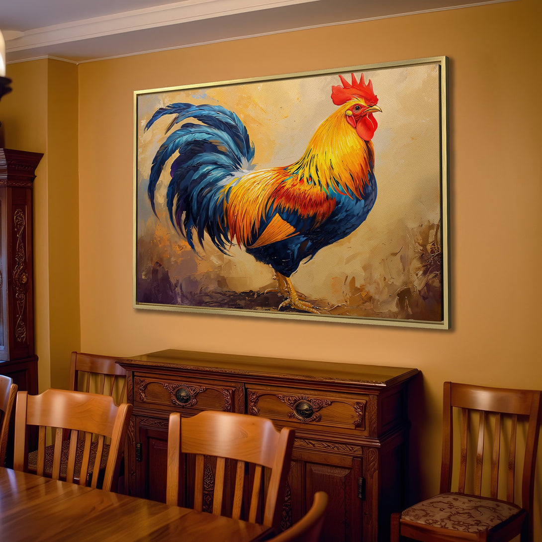 Canvas Print of a vibrant rooster painting. Warm, earthy tones dominate the color palette, perfect for adding a touch of rustic charm to any space.