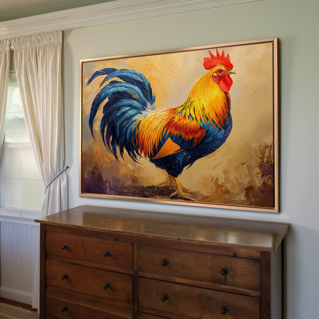 Framed Wall Art: Vibrant rooster painting with blue, yellow, and red hues. Adds a touch of farmhouse charm to any room. Shop now!