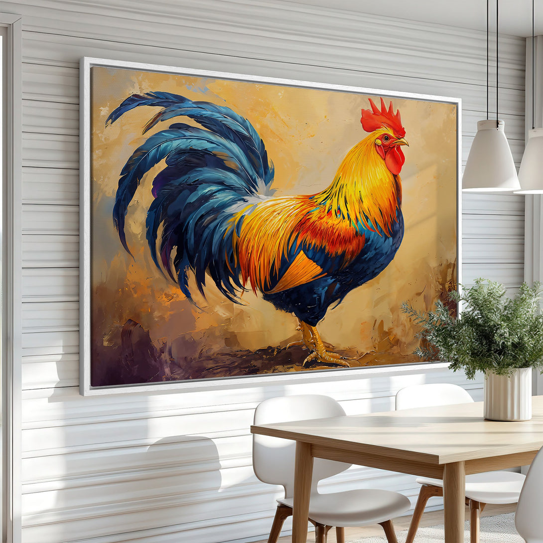 Framed Wall Art: Vibrant rooster painting in a dining room. Colorful artwork with blue, yellow, and red hues. Add farmhouse charm to your space!