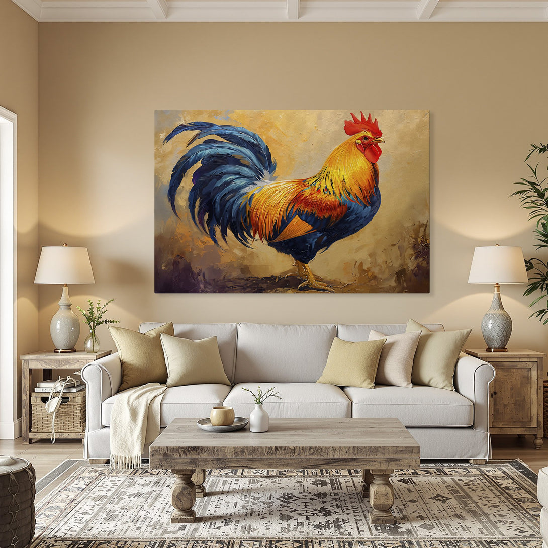 Framed Wall Art: Vibrant rooster canvas print in a warm, inviting dining room. Features a bold, colorful palette of blues, yellows, and reds. Perfect for farmhouse decor!
