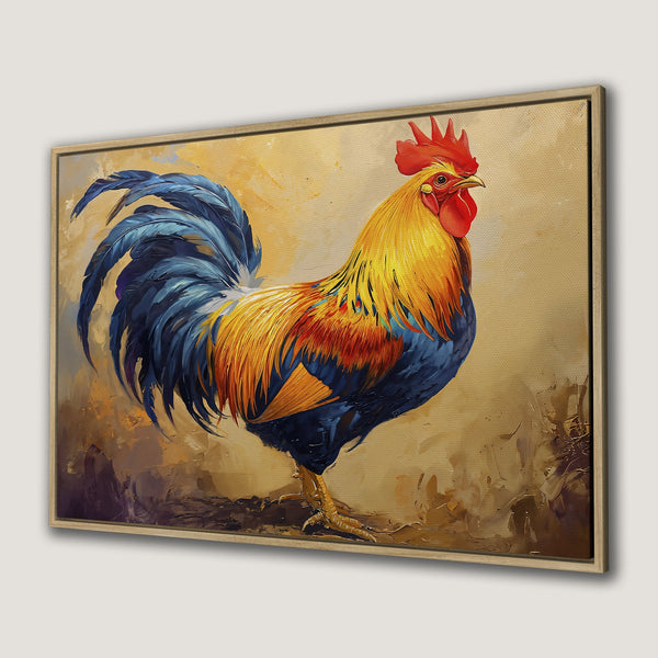 Framed Wall Art: Vibrant rooster painting in warm yellow, blue, and red hues. Rustic style canvas print adds a touch of farmhouse charm to your home decor.