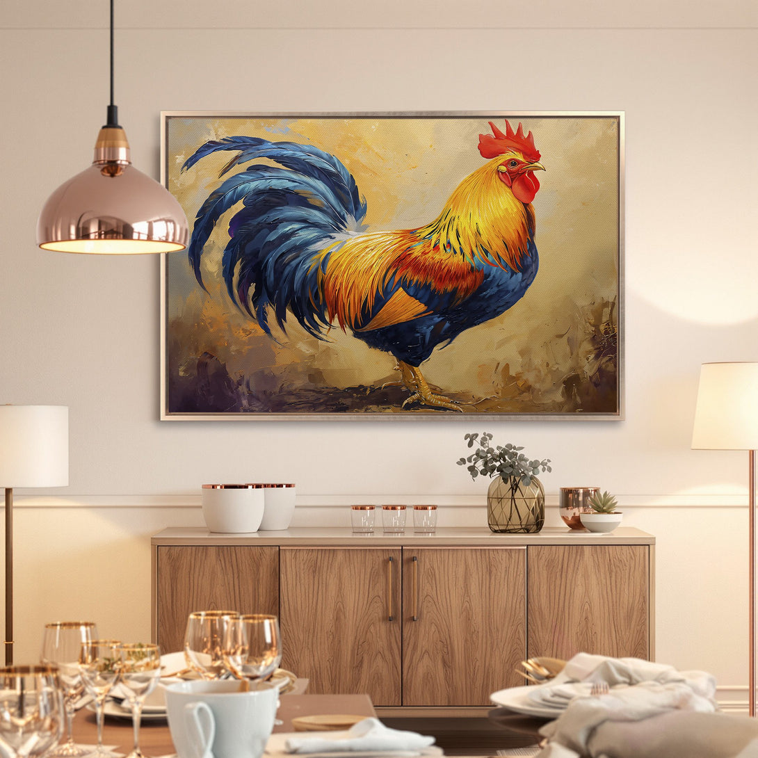 Framed Wall Art: Colorful rooster painting in a warm, inviting dining room. Vibrant blues, yellows, and reds bring life to any space. Shop now!