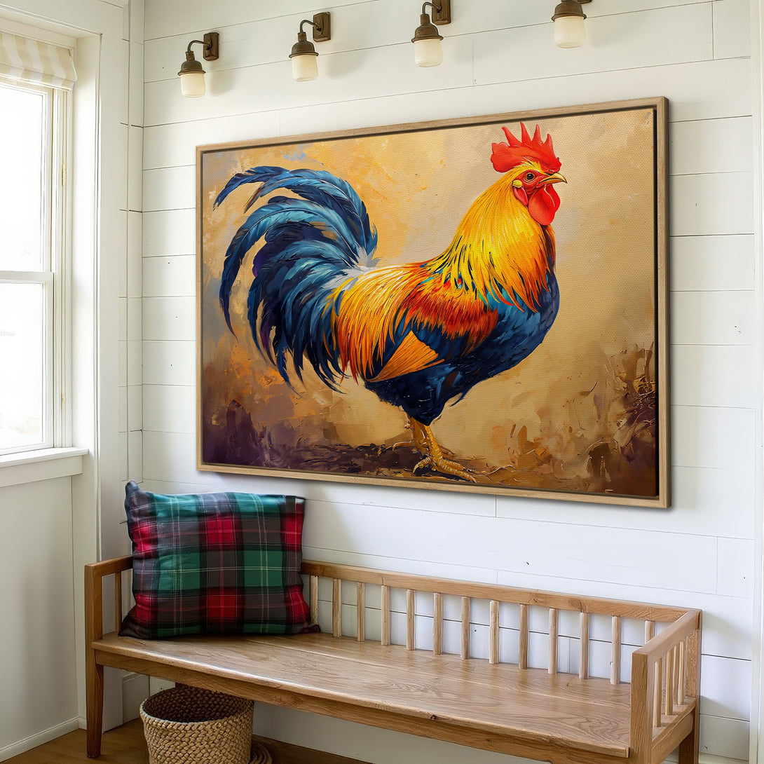 Framed Wall Art: Vibrant rooster painting with blue, yellow, and red tones. Rustic farmhouse style canvas print adds a pop of color to any space!