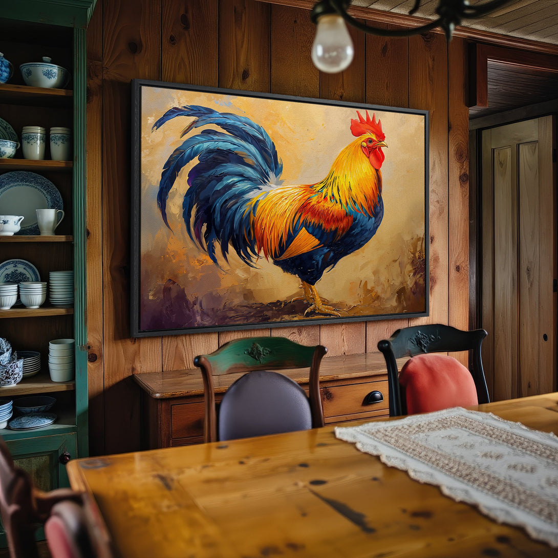 Framed Wall Art: Vibrant rooster painting with a bold, colorful palette. Adds rustic charm to any space. Perfect for kitchen or dining room decor.