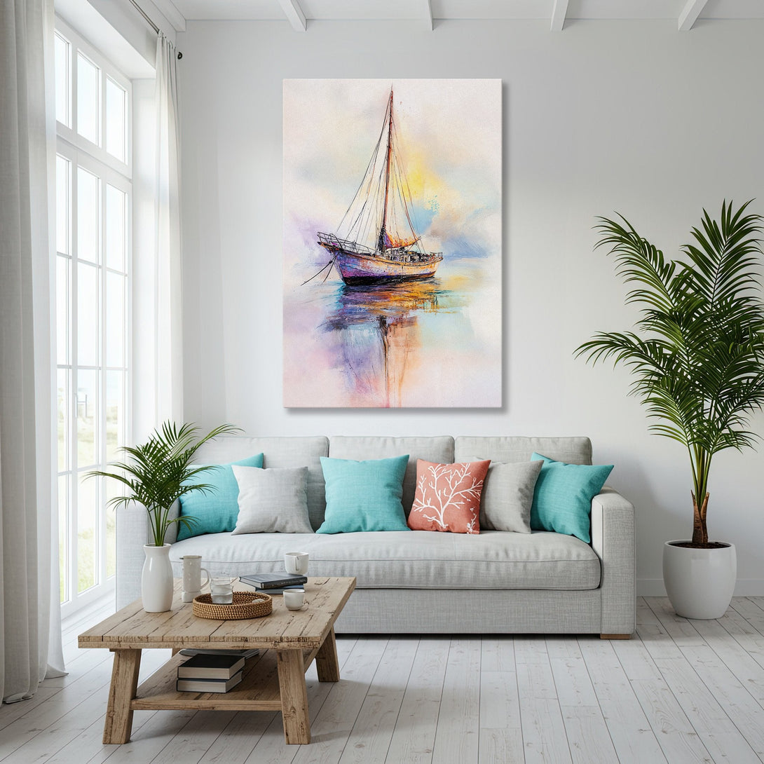 Framed Wall Art: Watercolor sailboat print in a coastal living room. Featuring a gold frame, vibrant blues, purples, and yellows. Perfect for beach house decor.