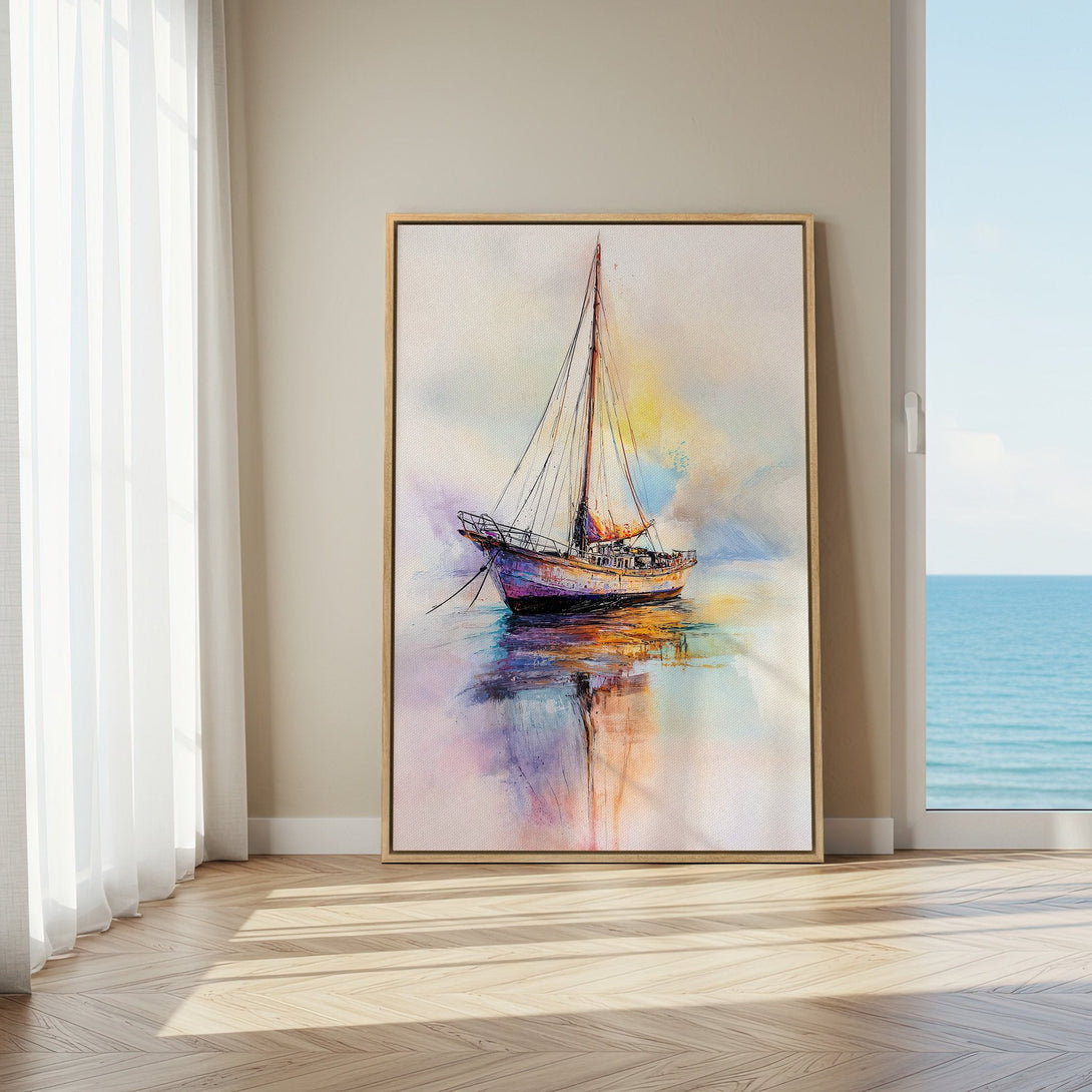Framed Wall Art: Watercolor sailboat print in a coastal style. Soft pastel colors create a serene ambiance. Perfect for adding a touch of art to your space.