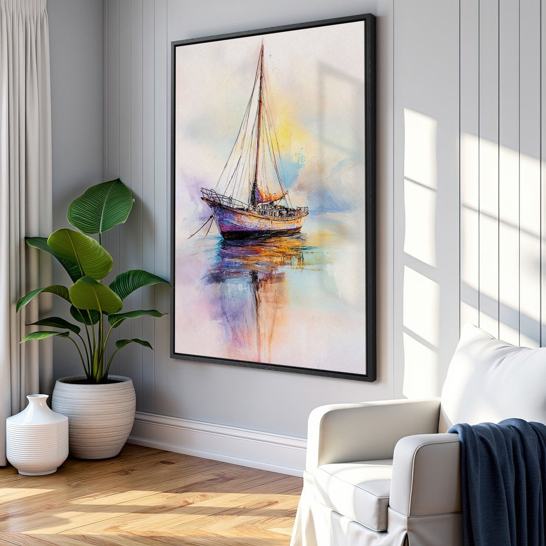 Framed Wall Art: Watercolor sailboat print with vibrant blues, purples, and yellows. Coastal art for a serene home.