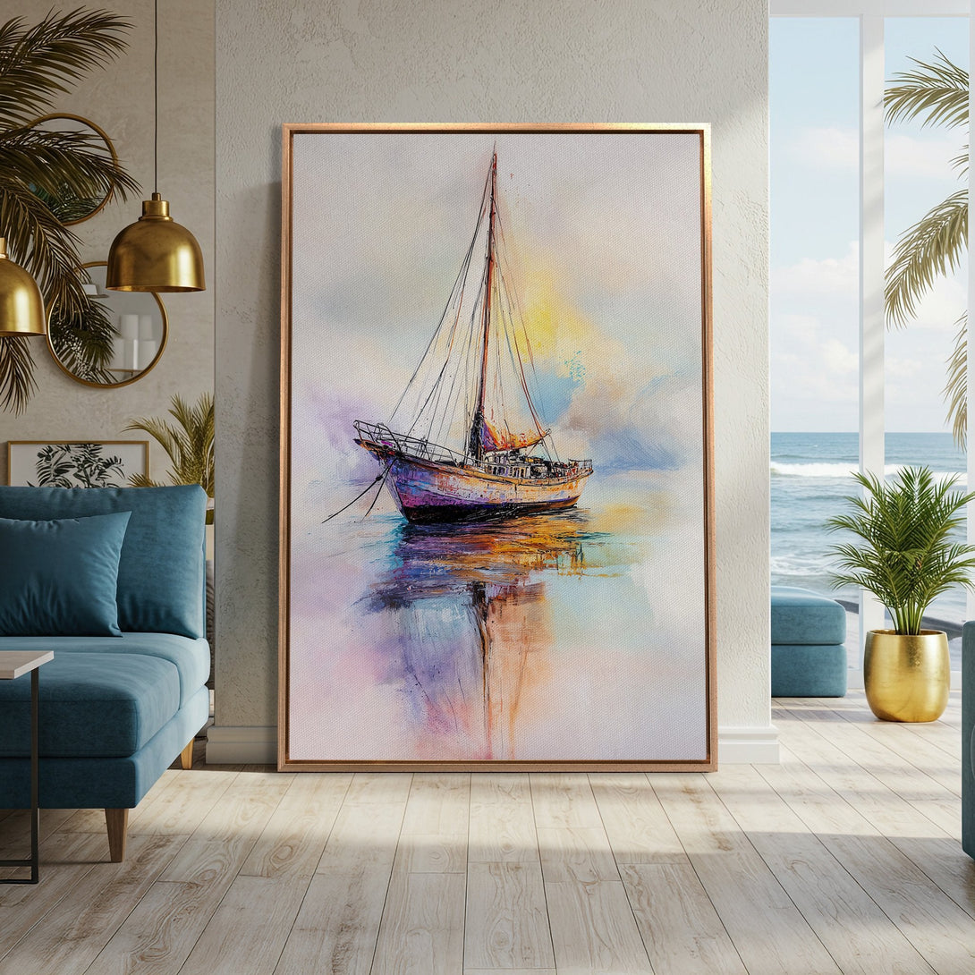Framed Wall Art: Watercolor sailboat painting with a vibrant, colorful palette. Coastal art perfect for living rooms. Add a touch of serenity to your home.