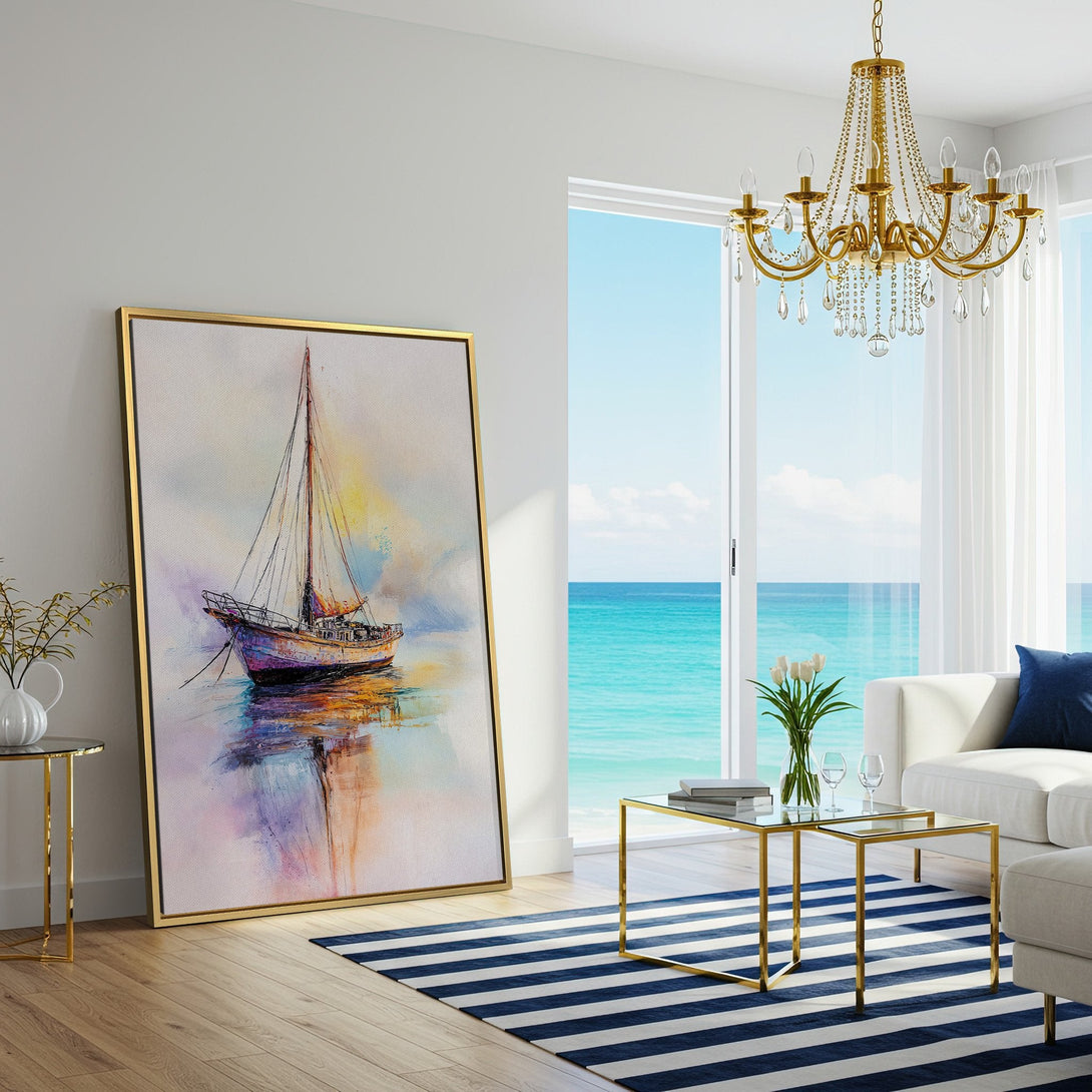 Canvas Print of a sailboat in watercolor style, featuring a calming pastel color palette. Perfect wall art for coastal decor!