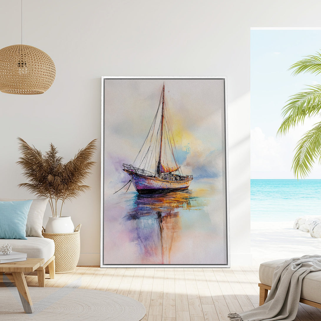 Framed Wall Art: Watercolor sailboat painting with a vibrant, pastel color palette. Coastal decor for a serene living room.