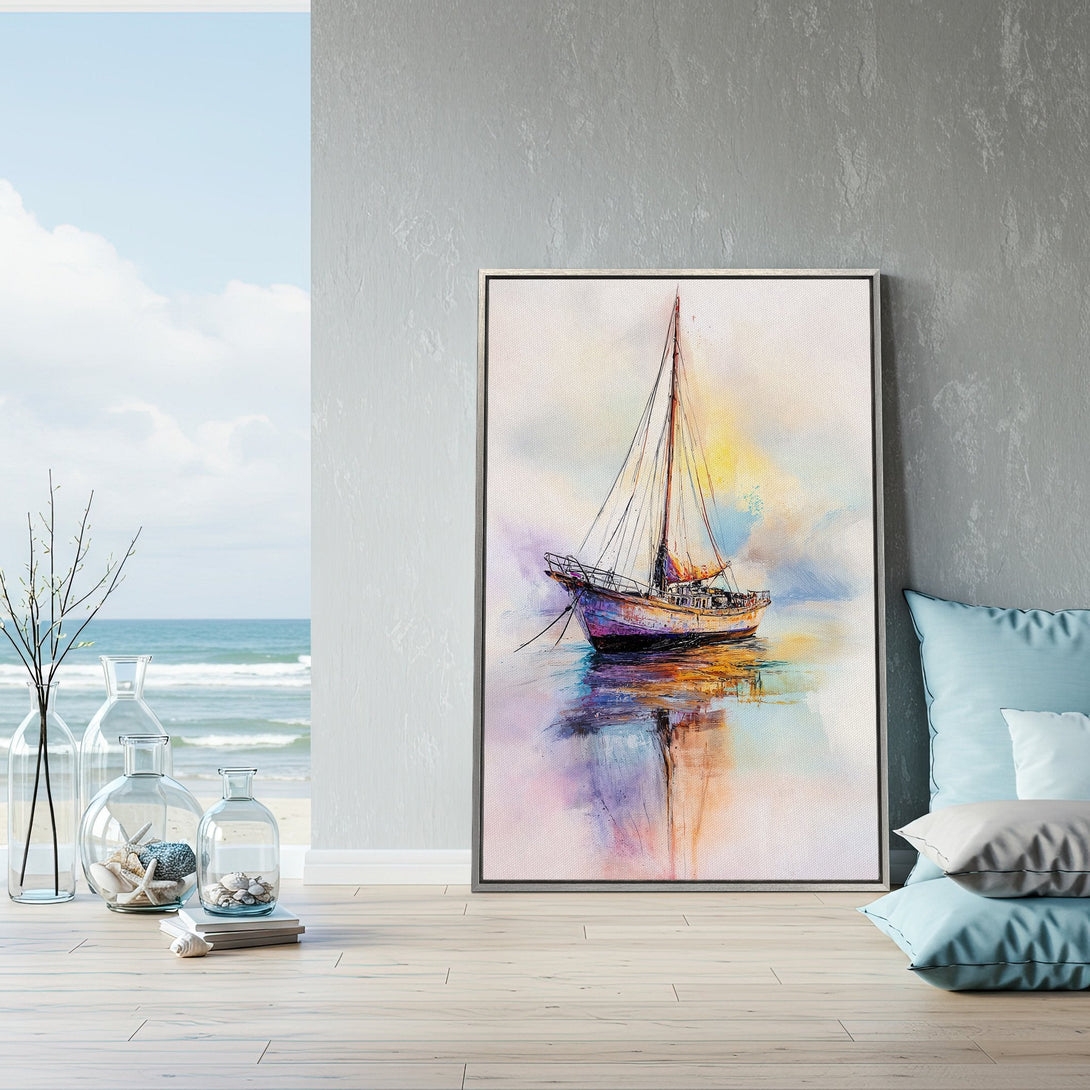Framed Wall Art: Abstract sailboat art in a coastal style. Features a vibrant, colorful palette of blues, purples, and yellows. Perfect for any room!