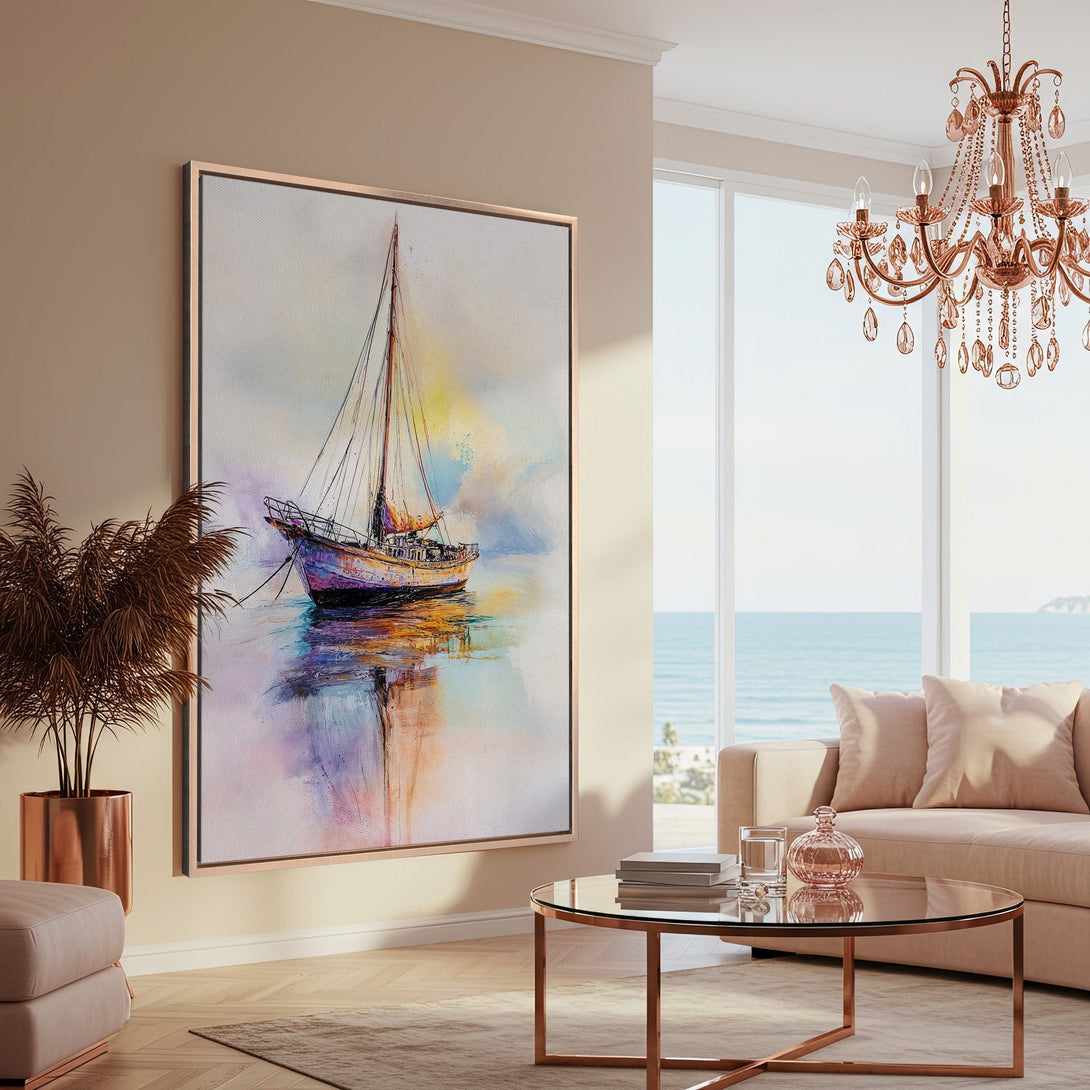 Framed Wall Art: Abstract sailboat painting in a coastal interior. Features a watercolor style with a soft, colorful palette of blues, purples, and yellows.