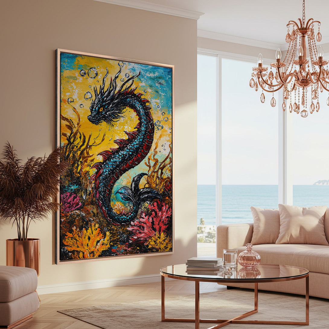 Framed Wall Art: Dragon Canvas Print in vibrant blues, yellows, and reds. Modern abstract style adds a splash of color to any interior space.