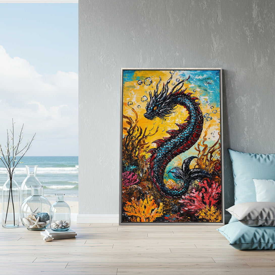 Framed Wall Art: Dragon painting in vibrant colors. Abstract style with blue, yellow, and red hues. Perfect for adding a unique touch to your home decor.