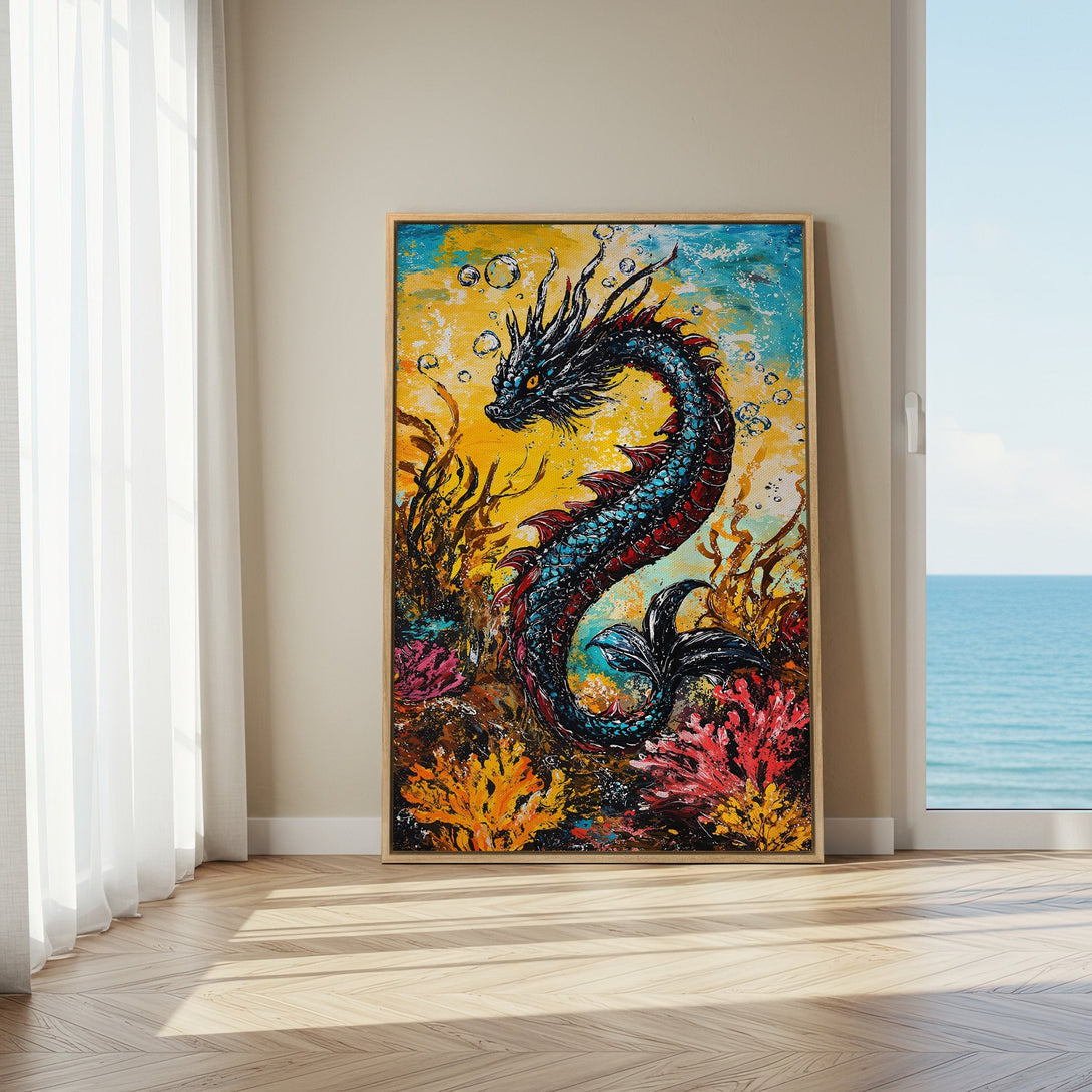 Framed Wall Art: Vibrant dragon painting with a bold color palette of yellow, blue, and red. Adds a touch of fantasy to any room. Shop now!