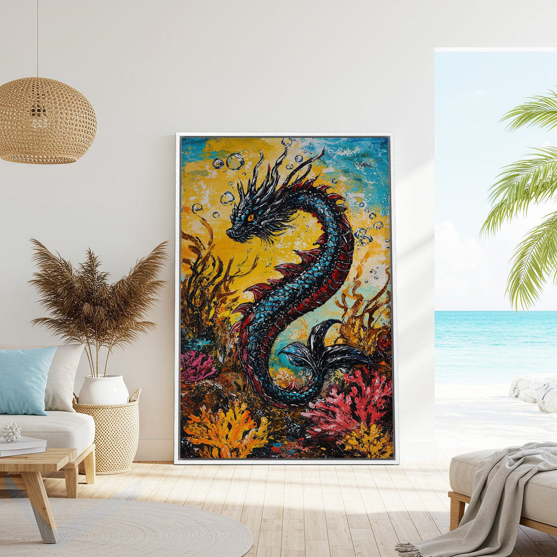 Framed Wall Art featuring a vibrant dragon painting in a modern style with a blue, yellow, and red color palette, perfect for coastal decor.