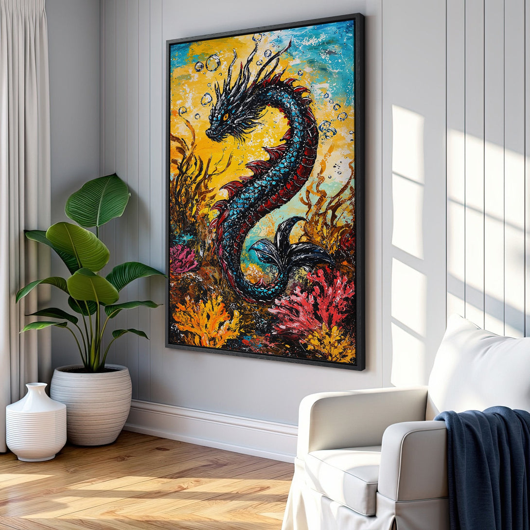 Framed Wall Art featuring a vibrant dragon painting in a modern, abstract style with a bold yellow, blue, and red color palette. Perfect for adding a pop of color.