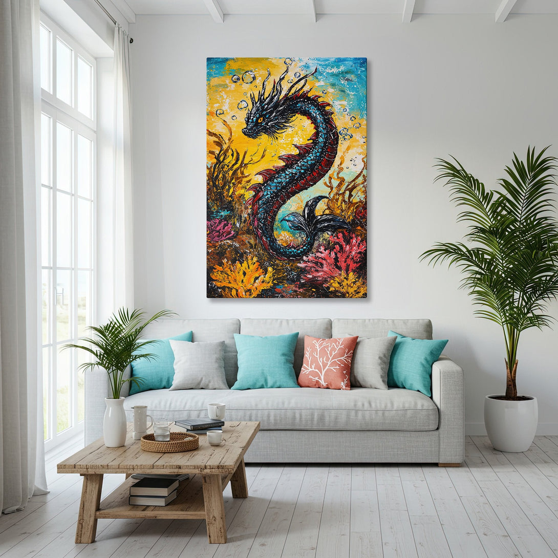 Framed Wall Art featuring a vibrant dragon painting in a coastal interior. Bold blues, yellows, and reds create a striking, modern aesthetic.