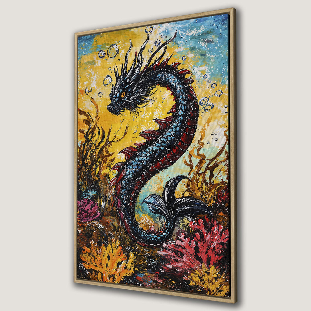 Framed Wall Art featuring a vibrant dragon painting in an underwater scene. Bold, textured brushstrokes with a yellow, blue, and red color palette. Perfect for adding art to your home!