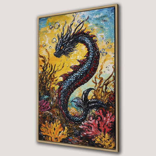 Framed Wall Art featuring a vibrant dragon painting in an underwater scene. Bold, textured brushstrokes with a yellow, blue, and red color palette. Perfect for adding art to your home!