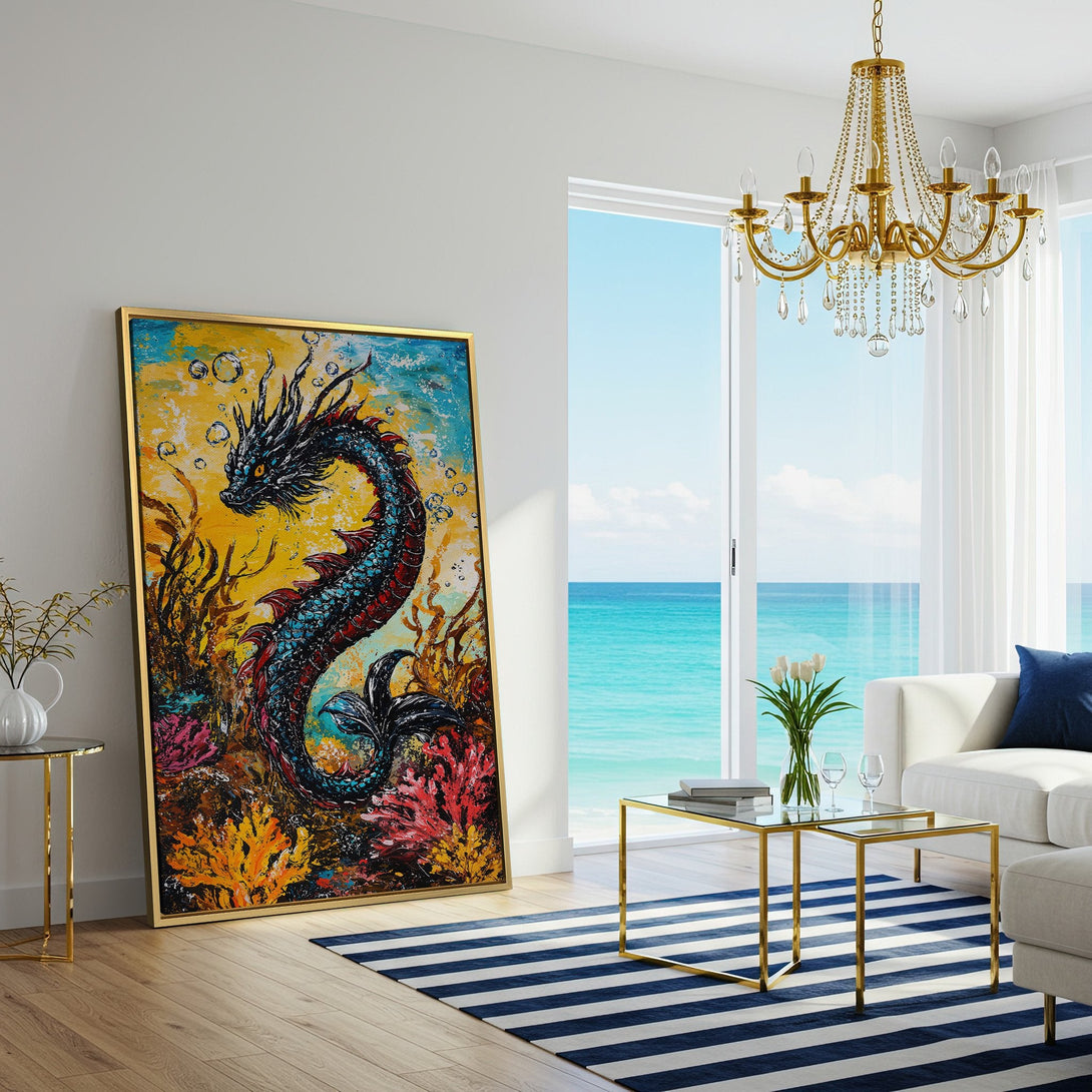Canvas Print of a vibrant dragon painting in a modern living room. Features a colorful palette of blues, yellows, and reds. Perfect wall art!