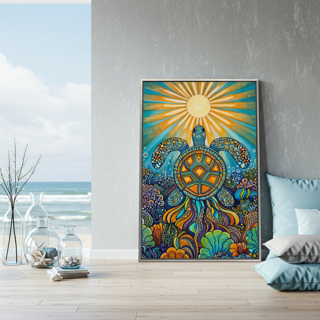 Framed Wall Art: Vibrant turtle canvas print with a colorful, psychedelic style. Features a blue, orange, and teal palette, perfect for coastal decor.