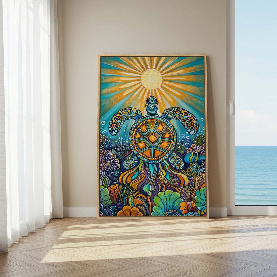 Framed Wall Art: Vibrant turtle art print with a colorful, whimsical style. Features a blue, orange, and green palette, perfect for adding coastal vibes.