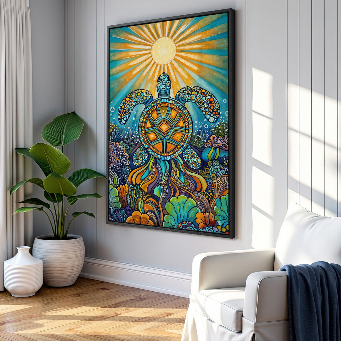 Framed Wall Art: Vibrant turtle art in a colorful, whimsical style. Perfect for coastal decor, featuring blues, oranges, and yellows. Bring the ocean home!
