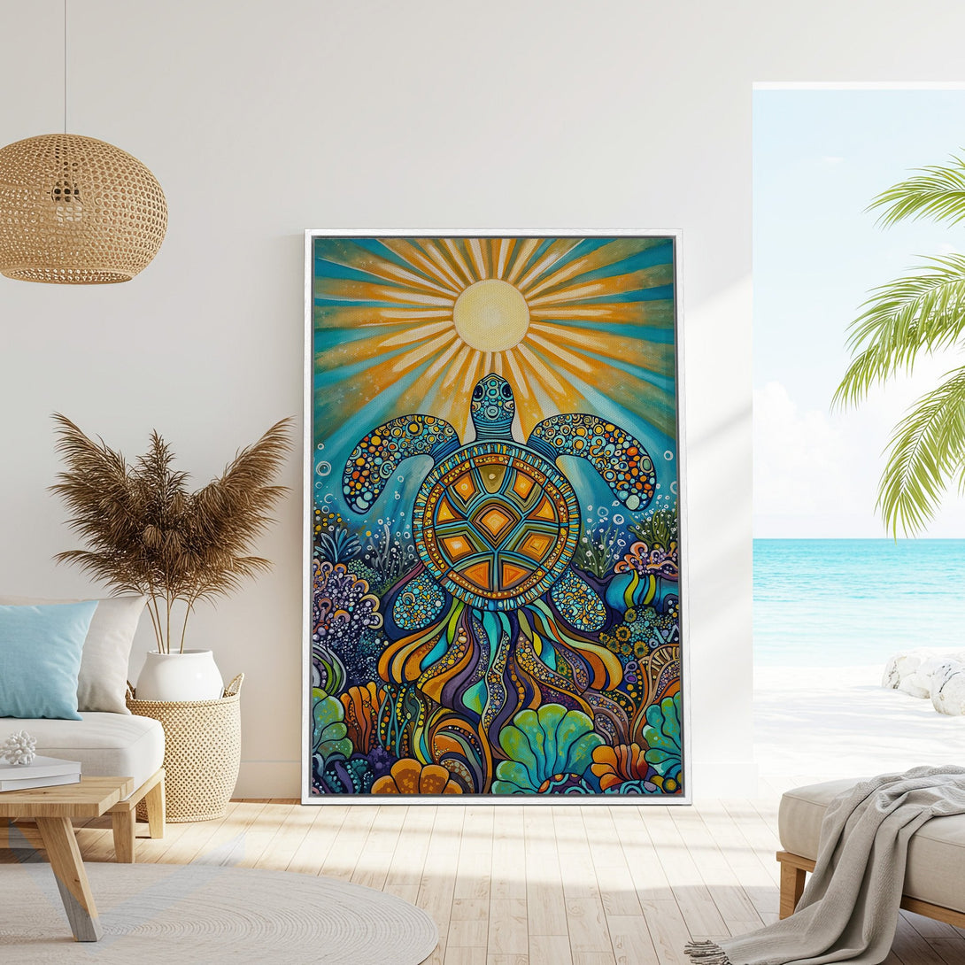 Framed Wall Art: Vibrant turtle painting in a tropical interior. Colorful, whimsical style with a blue, orange, and green palette. Perfect beach house decor!