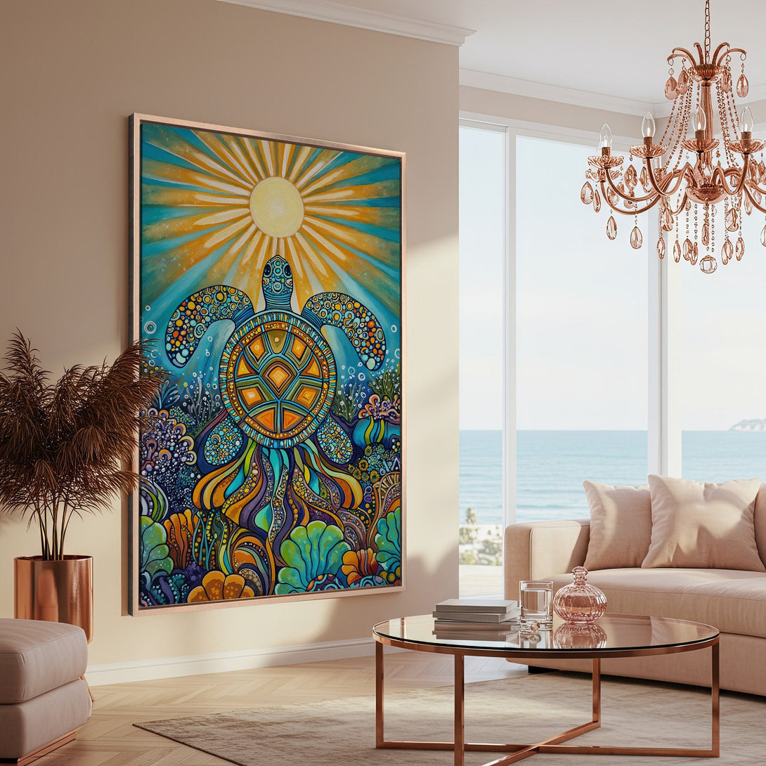 Framed Wall Art: Colorful turtle art print in a modern coastal interior. Vibrant blues, oranges, and greens create a unique, eye-catching canvas print.