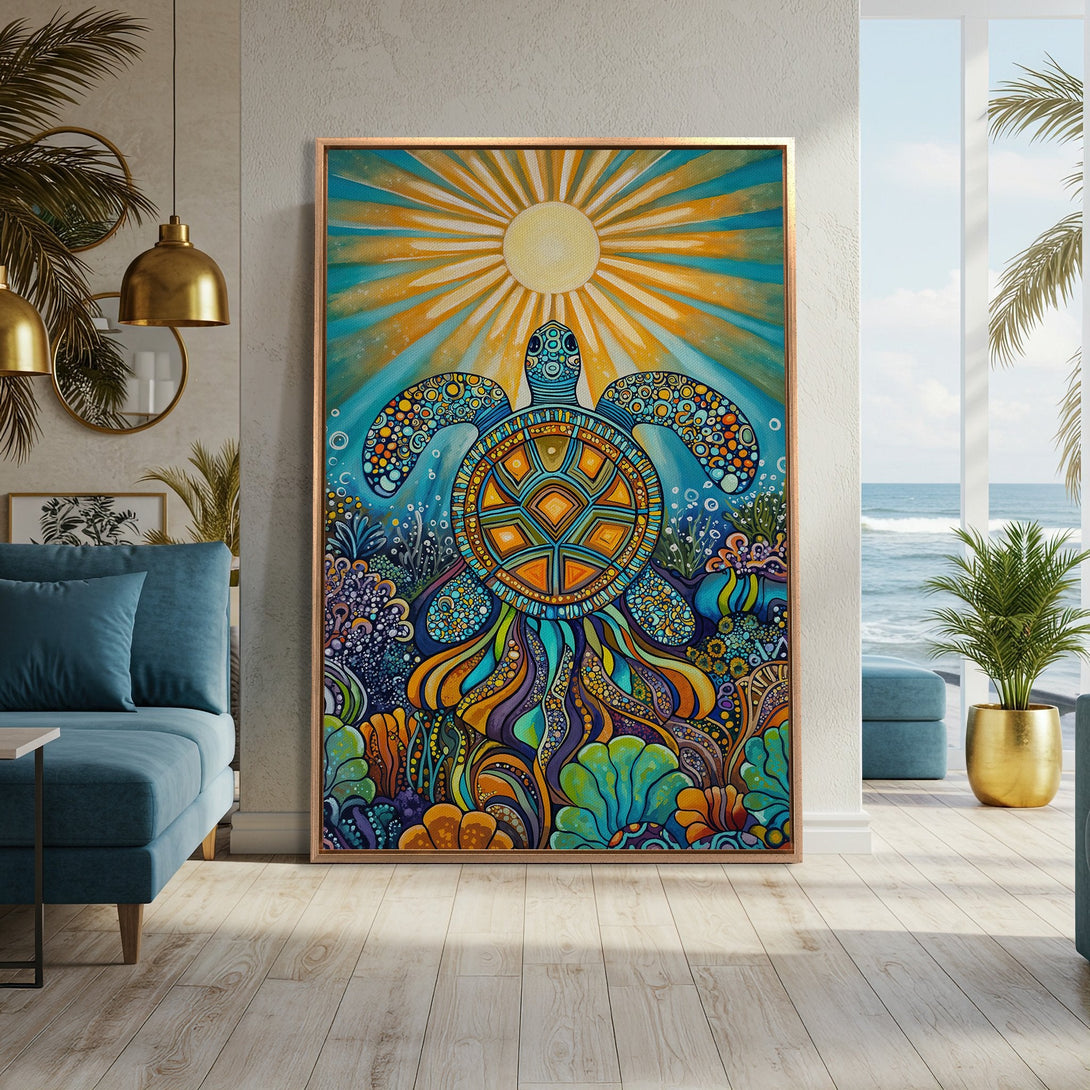 Framed Wall Art: Vibrant sea turtle art in a colorful, whimsical style. Blue, orange, and turquoise palette. Perfect for coastal decor.