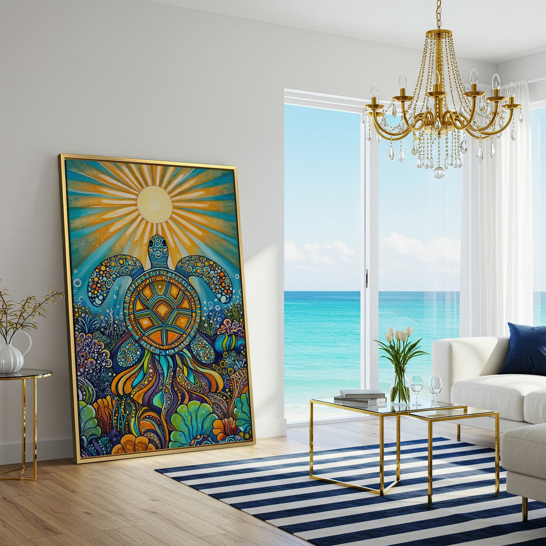 Canvas Print of a vibrant turtle art piece in a living room. Features a colorful, bohemian style with blues, oranges, and greens.