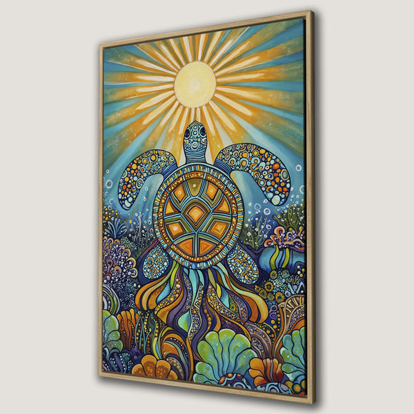 Framed Wall Art featuring a vibrant, whimsical sea turtle in a colorful, psychedelic style with blue, orange, and green hues. Perfect for coastal decor!