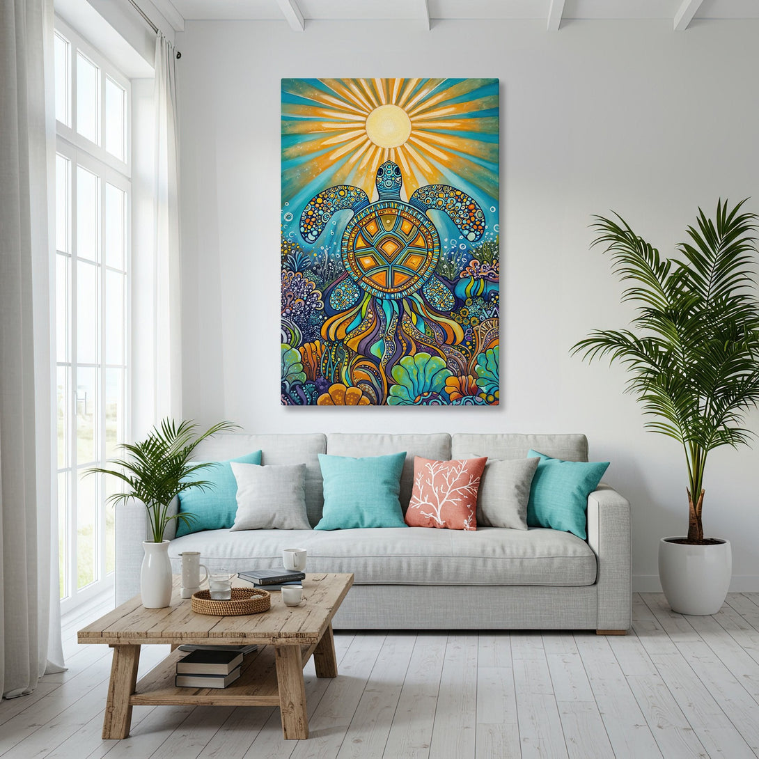 Framed Wall Art: Colorful turtle art in a coastal living room. Vibrant blues, oranges, and greens create a tropical vibe. Perfect for beach house decor!