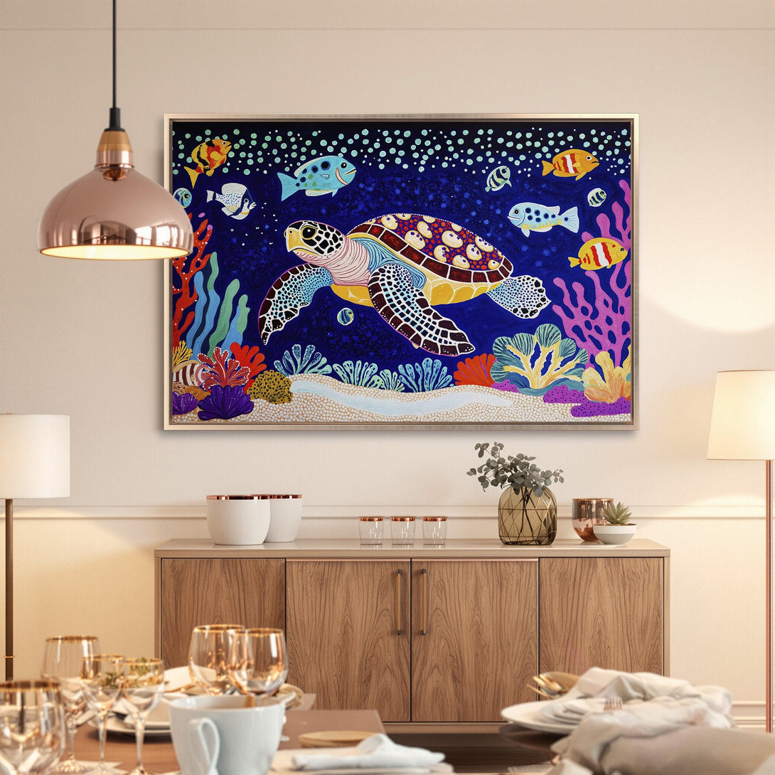 Framed Wall Art: Colorful sea turtle art in a vibrant, whimsical style. Blue, yellow, and coral hues bring coastal charm to any room.