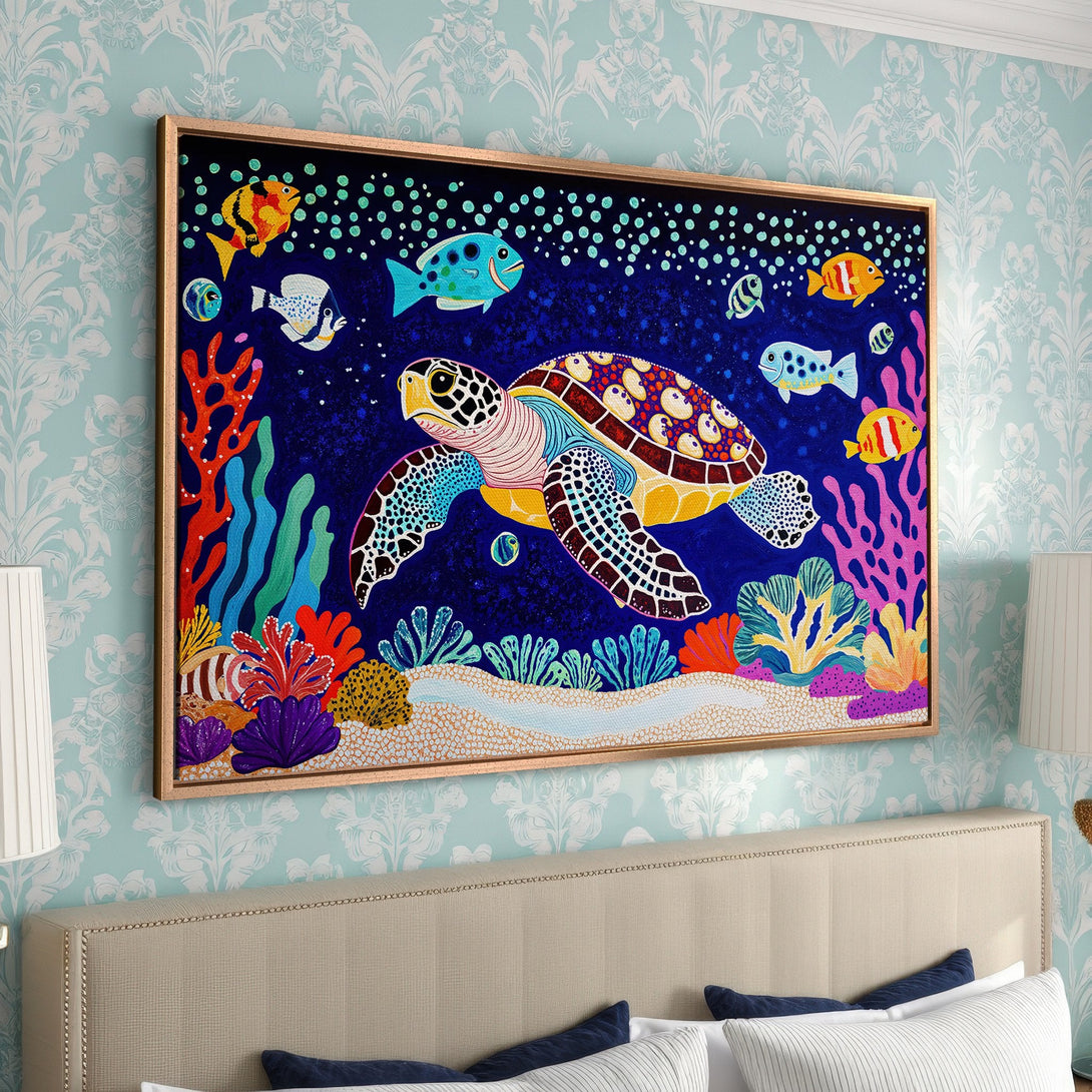 Framed Wall Art featuring a vibrant, whimsical turtle and fish scene with a blue, yellow, and coral color palette. Perfect for coastal decor!