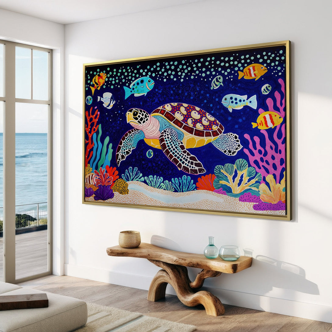 Canvas Print of a vibrant sea turtle artwork in a colorful, whimsical style. Adds a splash of color to any room with its blue, yellow, and coral tones.