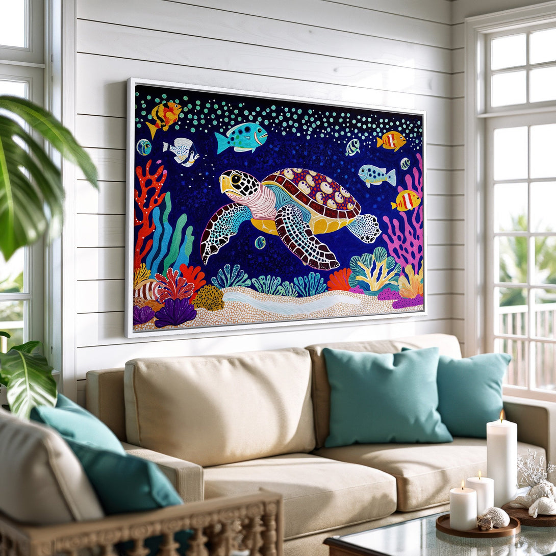 Framed Wall Art: Colorful sea turtle painting in a vibrant, whimsical style. Perfect for coastal decor. Features a bold blue, coral, and yellow palette.