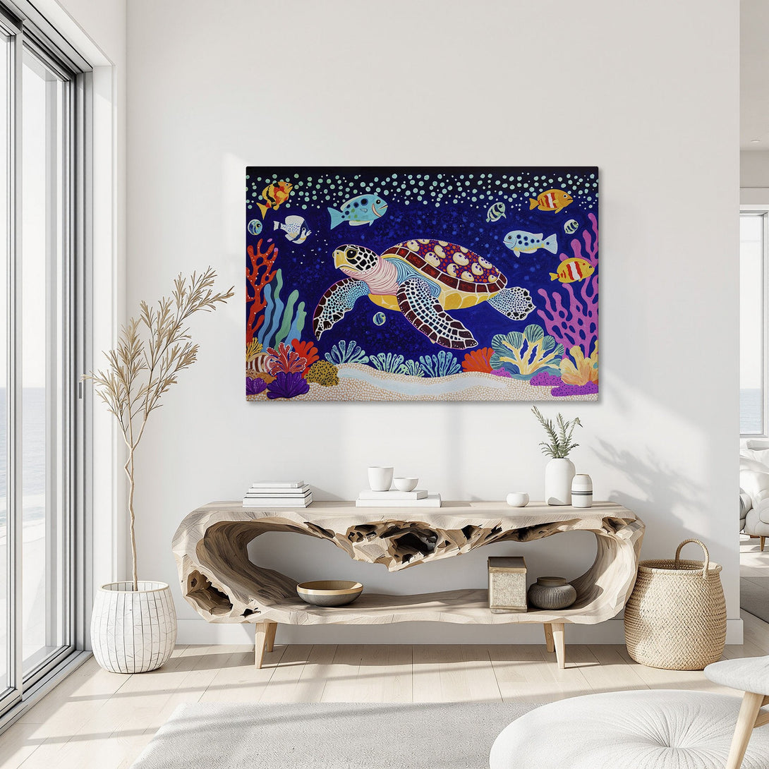 Framed Wall Art: Colorful sea turtle canvas print in a vibrant, whimsical style. Features a blue, yellow, and coral palette, perfect for coastal decor.