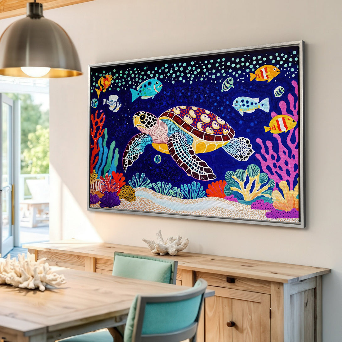 Framed Wall Art: Colorful sea turtle canvas print in a vibrant, whimsical style. Features a blue, yellow, and coral color palette, perfect for adding a splash of art to your home.