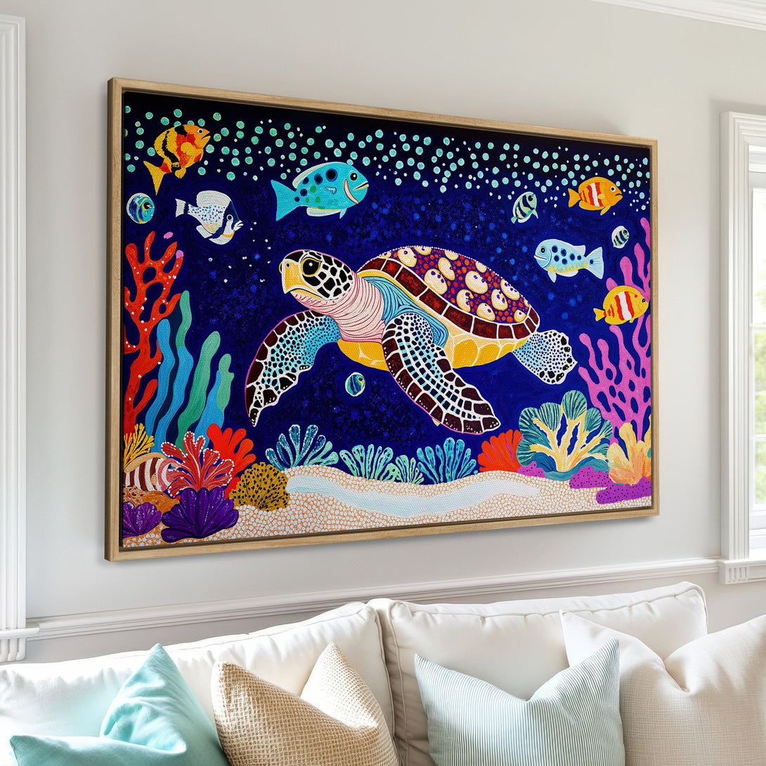 Vibrant Canvas Print of a sea turtle swimming amongst colorful fish. Whimsical, pop art style with a rich blue, red, and yellow palette. Perfect for coastal decor.