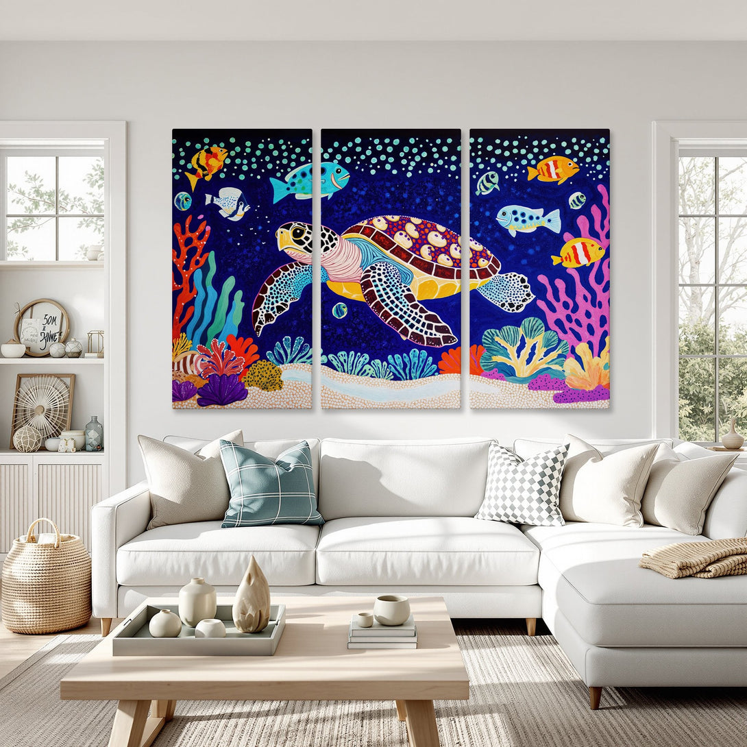 Canvas Print: Colorful underwater art featuring a sea turtle and fish, vibrant blue, red, and yellow palette, perfect for coastal decor.