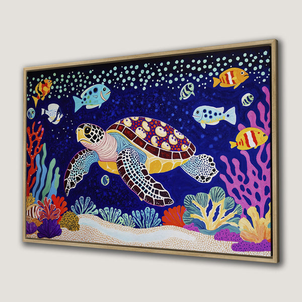 Framed Wall Art: Colorful sea turtle painting with vibrant coral reef. Bold, whimsical style with a blue, yellow, and coral palette. Perfect for coastal decor!