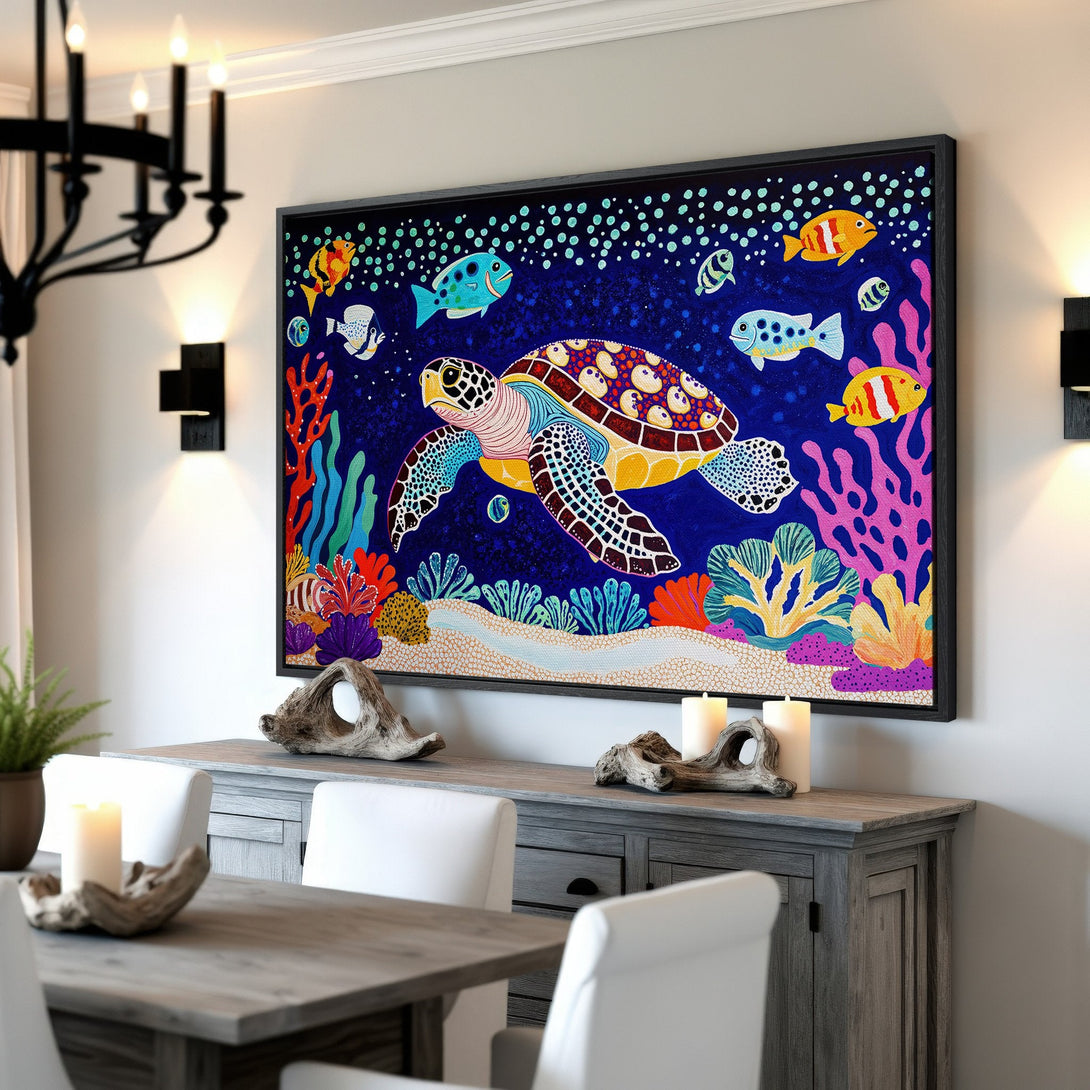 Framed Wall Art: Colorful sea turtle art in a vibrant, whimsical style. Blue, yellow, and pink hues create a cheerful underwater scene, perfect for home decor.
