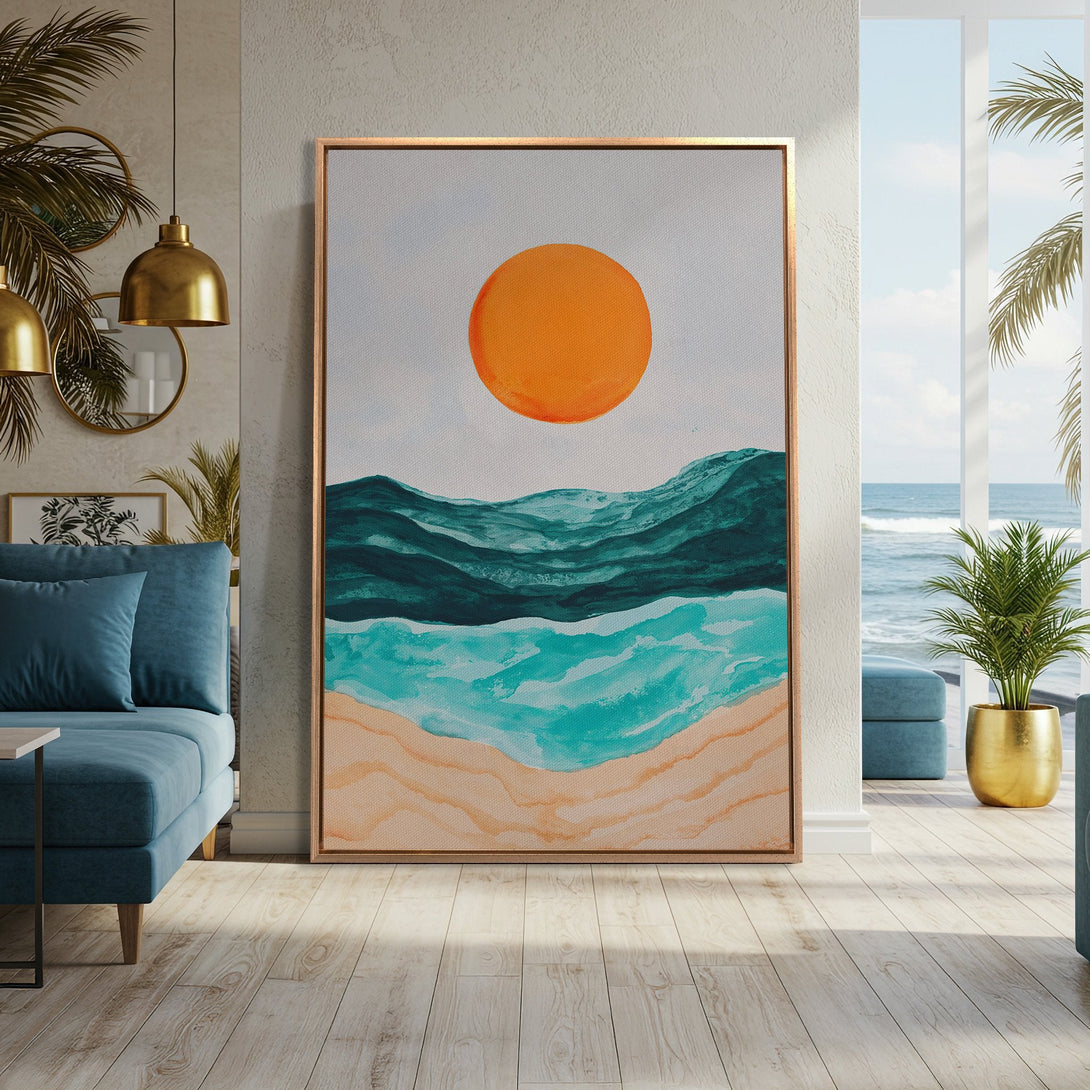 Framed Wall Art: Abstract ocean scene in teal, orange, and beige. Coastal style Canvas Print adds a pop of color to any room. Perfect for modern decor.