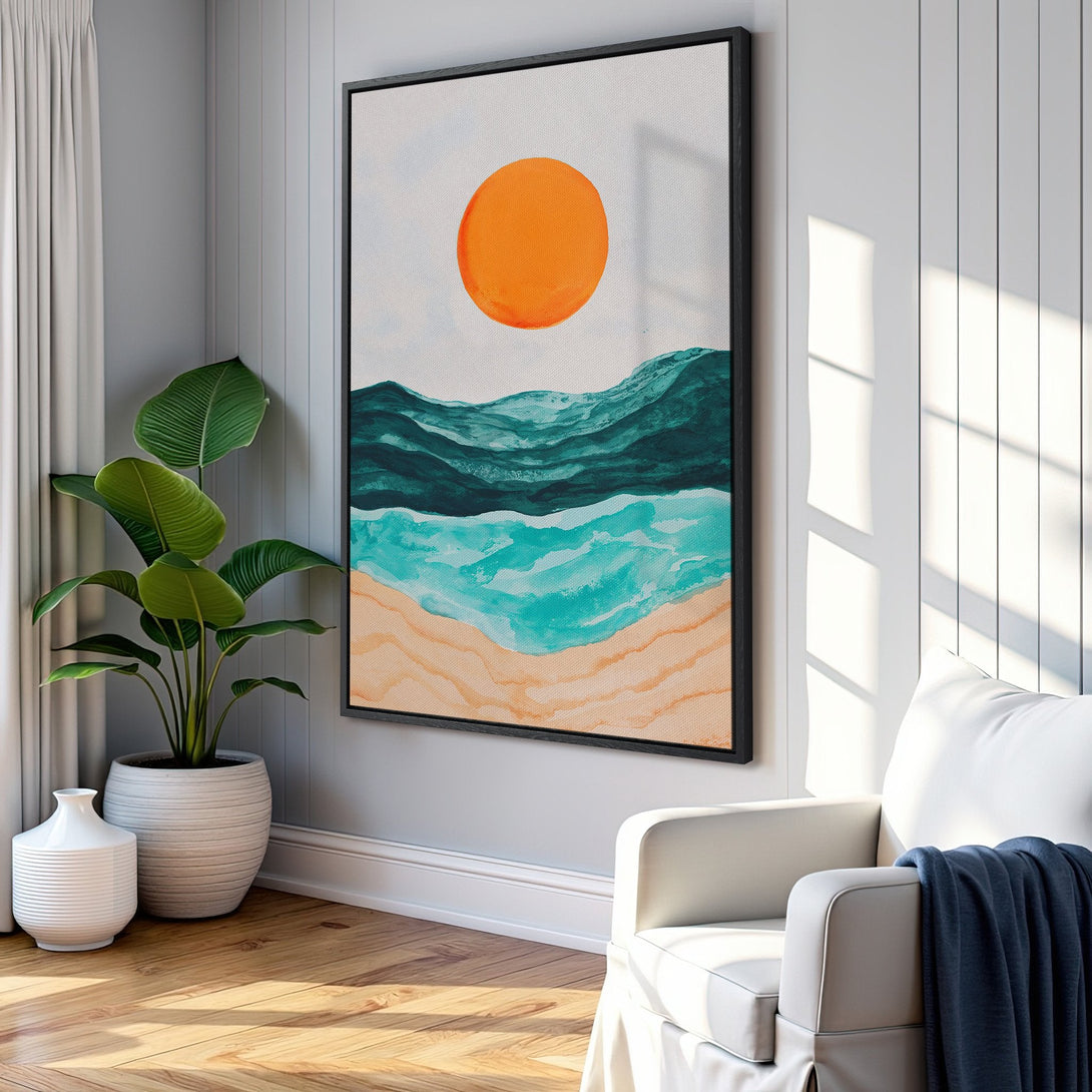 Framed Wall Art: Abstract beach scene canvas print with orange sun, teal water, and neutral tones. Perfect coastal decor for your home!