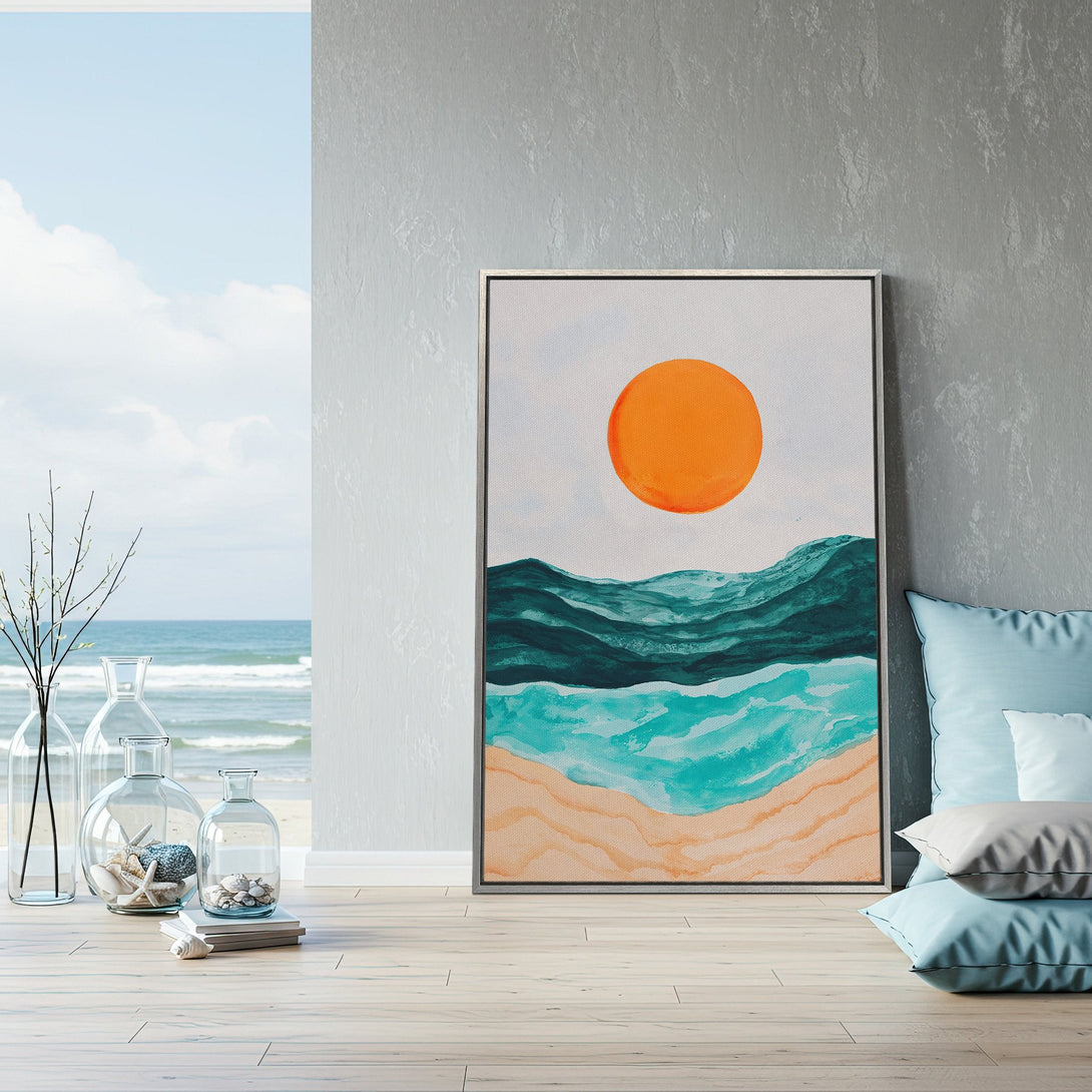 Framed Wall Art: Abstract ocean scene with orange sun, teal waves, and sandy beach. Modern style, coastal color palette. Perfect for home decor!