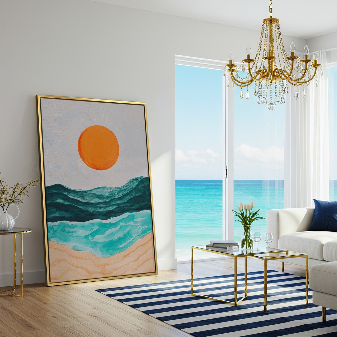 Canvas Print of abstract ocean scene with orange sun, teal, blue, and sand colors. Modern wall art for coastal decor.